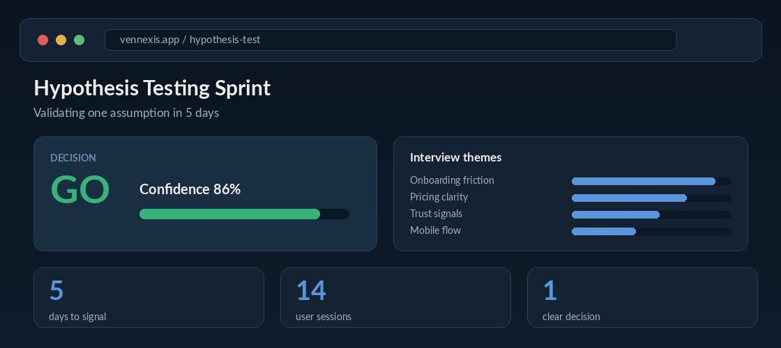 Hypothesis testing dashboard showing user interview themes and go/no-go decision